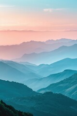Beautiful landscape with layered mountain ranges at dawn, showcasing vibrant colors and a tranquil atmosphere perfect for nature lovers.