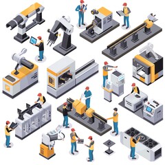 Obraz premium Factory workers standardizing production line procedures, manufacturing floor with machinery and workers, isolated white background,