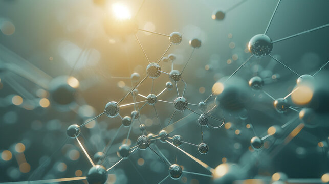Solid 3D spheres connected by thin rods, forming a molecular structure