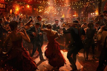 A 1920s themed party with dancing, live music, and colorful lights, capturing the essence of the roaring twenties AIG58