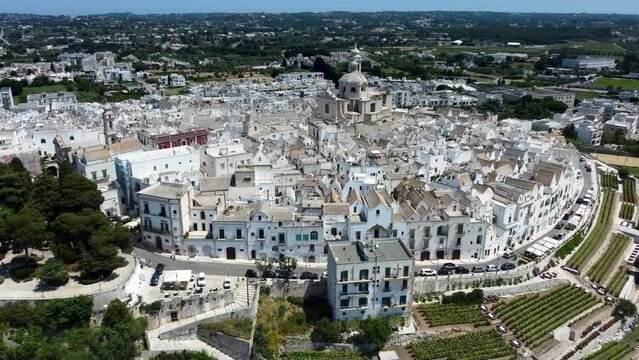 Aerial 4K footage of the hilltop town of Locorotondo in Apulia, southern Italy