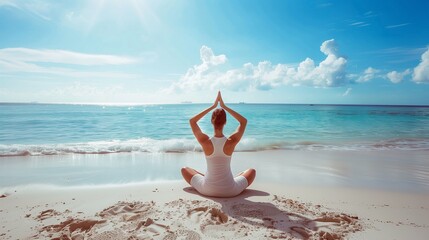 Woman practicing yoga on the beach Yoga by the sea is a meditation and exercise session with a great view