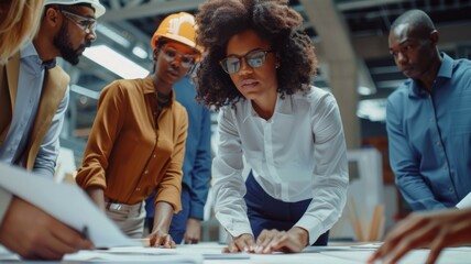 Diverse architects, designers, engineers collaborate intensely on project plans in a modern industrial workspace. AIG53M