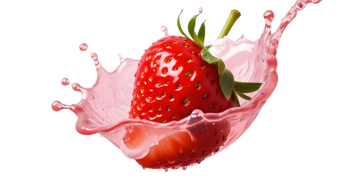 Fresh ripe Strawberry falling with milky pink splash