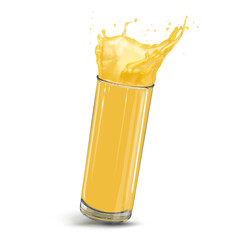 Vector 3d realistic splash of orange juice in a glass. Illustration isolated on a white background.