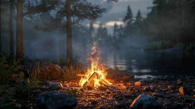 camping on the edge of a beautiful lake while making a campfire with whatever wood you have. seamless looping time-lapse virtual 4k video Animation Background.