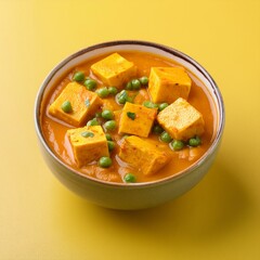 Indian delicious cuisine matar paneer on yellow background