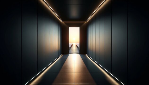 A sleek, modern hallway with sharp lines and a bright end, showing the contrast between dark walls and a luminous exit.