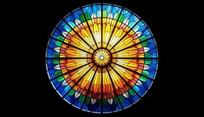 A close-up of a stained glass window featuring a radial design in bright, contrasting colors.