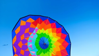 Obraz premium A close-up of a vibrant kite with a geometric, multicolored pattern against a clear blue sky.