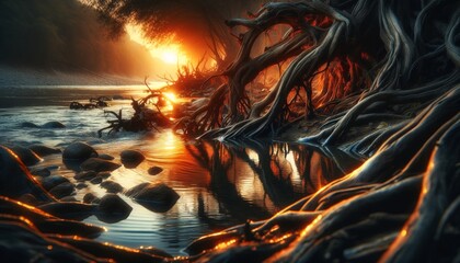 A close-up view of gnarled tree roots along a riverbank, with the roots partially submerged in water that reflects a fiery sunset.