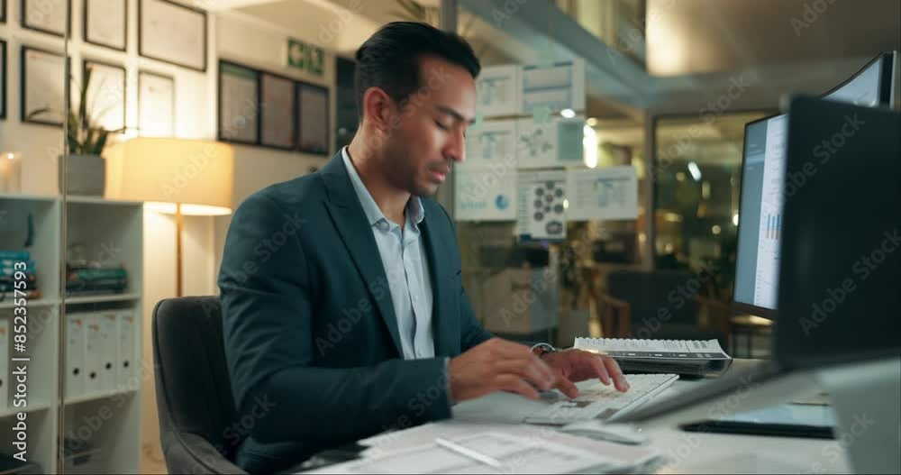 Poster busy, office and man checking watch with deadline, pressure and overtime with paperwork at computer.