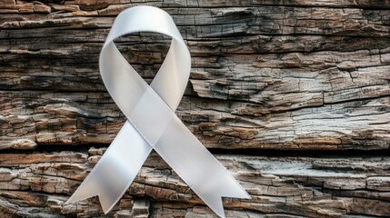 A silver ribbon symbolizing awareness for Parkinson s disease brain disorders and brain cancer is displayed on a rustic wooden background