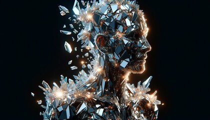 The outline of the figure is formed by shimmering, crystalline glass shards, reflecting light as if the figure is emerging from a broken mirror.