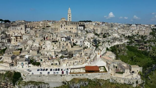 Aerial 4K footage of the beautiful town of Matera (Sassi di Matera) in Basilicata, southern Italy