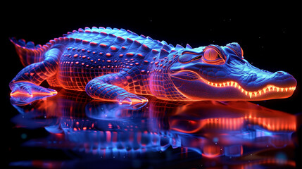 3D modern Crocodiles icon in bright neon graphic style black background