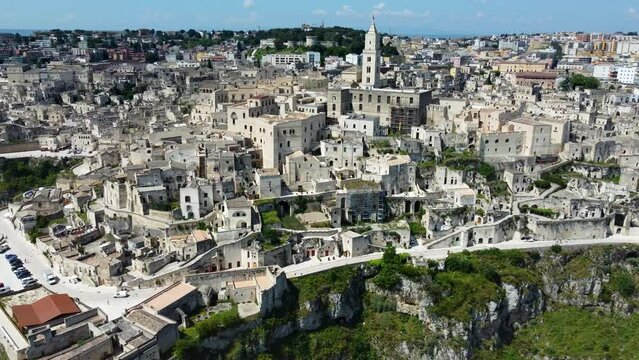 Aerial 4K footage of the beautiful town of Matera (Sassi di Matera) in Basilicata, southern Italy