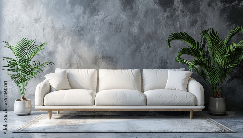 Wall mural 3d rendering of white sofa with potted plant in front gray concrete wall background, interior design of modern living room