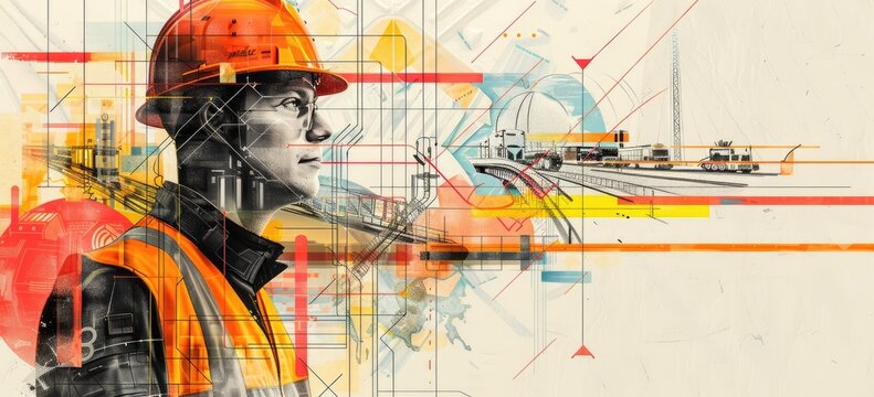 An illustration of a construction worker wearing a hard hat and looking at a building under construction The image is made of colorful lines and shapes. AIGZ01