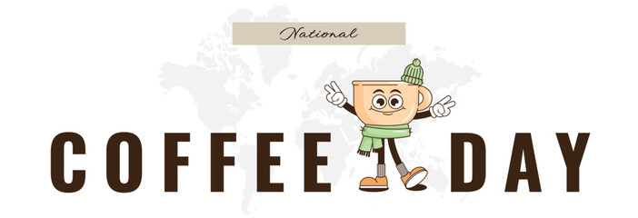 Happy National coffee day banner with funky coffee character in trendy groovy style. Holiday design concept observed on every September 29 in USA. Vector illustration