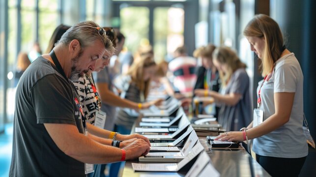 The procedure of registration at a conference or event, where participants are provided with identification and an electronic pass.