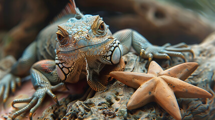 Obraz premium Close-up of a Blue Iguana with a Starfish, Realistic Image