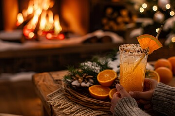Obraz premium A cozy winter scene with a person enjoying a Paloma by a fireplace 