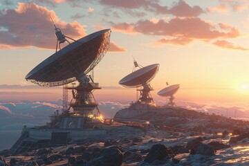 Obraz premium Space and research facilities with massive antennas against a peaceful soft-hued evening backdrop.