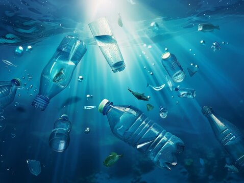 An animated scene of plastic waste floating in the ocean, with rays of sunlight shining through them