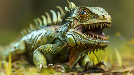 Fototapeta premium 3D Illustration of a Green Iguana with Sharp Teeth and Spiky Back