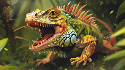 Fototapeta premium Green Iguana Illustration, Green Scales, Yellow Spikes, Open Mouth, Sharp Teeth, Jungle Setting, Lizard, Reptile, Animal, Wildlife, Nature, Tropical, Digital Art, Realistic, 3D Render