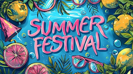 Vibrant beach event with music, entertainment, and a colorful poster.