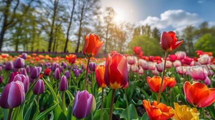 Vibrant Dutch bulbfields in the flower region near a Danish village.