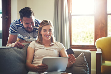 Finance, tablet or happy couple with credit card in home for ecommerce sale or order choice on fintech website. Relax, easy payment or people with financial app, online shopping or internet banking
