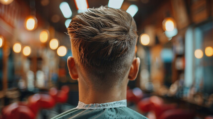 Obraz premium Seen from behind, a young man gets his hair cut in a barbershop. Ai generated Images