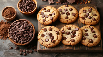 Chocolate chip cookies on a wooden board with ingredients around.