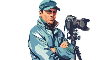 A professional video production company, with an American man wearing blue work and glasses standing next to the camera on a three legged stand. The background is white