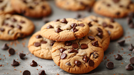 Stacked chocolate chip cookies with scattered chocolate chips on a surface.
