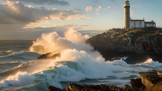 A lighthouse perches atop rugged cliffs, bravely facing the relentless ocean waves