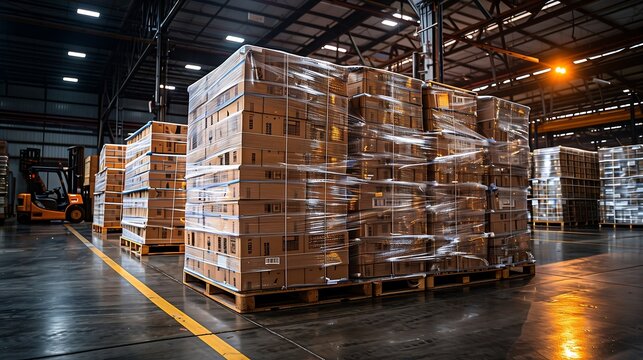 Large cargo shipment pallets stacked high with cardboard boxes wrapped in plastic, hand pallet truck nearby at a busy warehouse dock, bright industrial lighting, logistics and transport