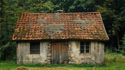 Chalet with red tile roof coated in dirt