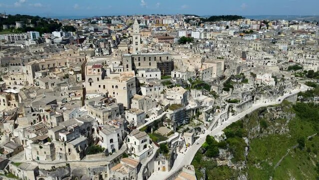 Aerial 4K footage of the beautiful town of Matera (Sassi di Matera) in Basilicata, southern Italy