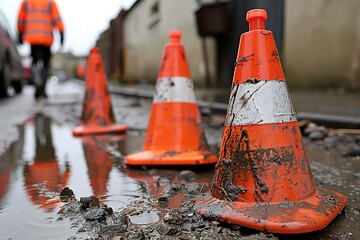 Three orange traffic cones sit on wet pavement in an urban street