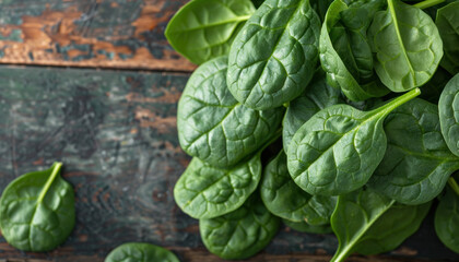 Obraz premium A bunch of green spinach leaves on a wooden table