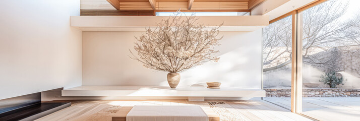 Minimalist interiors with the use of warm tones in a luxury residence. Residential Real Estate interior design composition for ads.