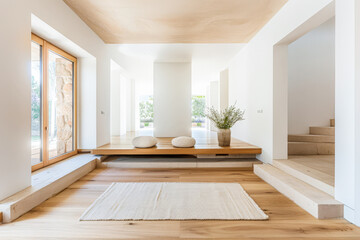 Fototapeta premium Minimalist interiors with the use of warm tones in a luxury residence. Residential Real Estate interior design composition for ads.