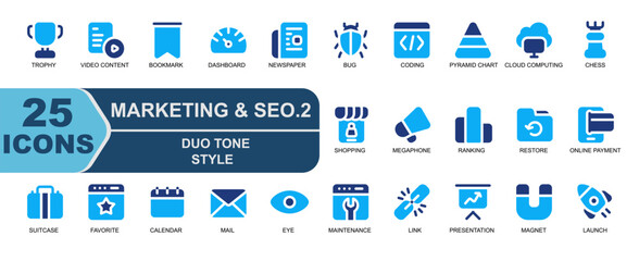 seo marketing icon collection.solid blue duotone style.contains SPEED,PERFORMANCE,NEWSPAPER,NEWS,BUG,CODING,PYRAMID CHART,CLOUD COMPUTING.