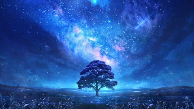 草原の木と星空