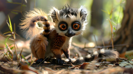 Naklejka premium Cute Lemur Illustration with Big Eyes in a Forest