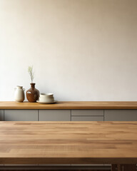 Wood table top on kitchen background